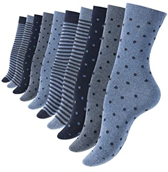 Vincent Creation 10 par söta damstrumpor & flickstrumpor prickar och ränder, bomull – prickig och låg, Jeansblå, 35-38 EU