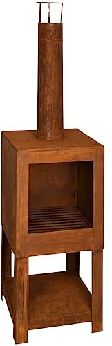 Esschert Design Terrassenofen mit Holzlager, in Rost Optik, 38,4 x 38,4 x 136,3 cm, Gartendekoration, Holzofen mit Zubehör