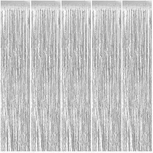 MerryNine Fransenvorhang, metallische Folie, 100 x 300 cm, DIY Quaste, Girlande Banner für Hochzeit, Babyparty, Event & Party Supplies Dekoration, 2024 Weihnachten Party Dekoration(Silber, 5 Stück)