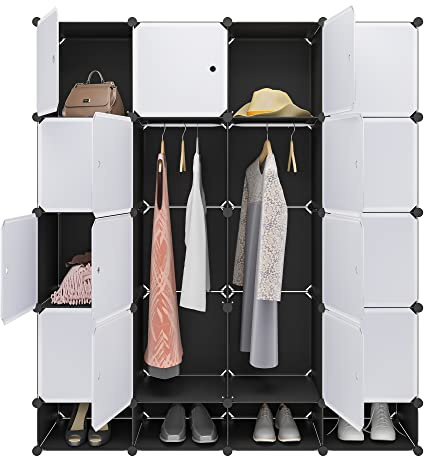 WOLTU Kleiderschrank mit 16 Würfeln, 4‑Fächern, Garderobenschrank aus Kunststoff in Schwarz‑Weiß, mit 2 Kleiderstangen, Schlafzimmerschrank 148 × 35 × 165 cm, SR0090sw