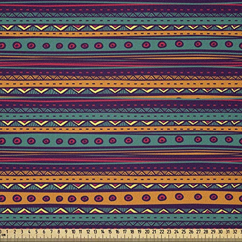 ABAKUHAUS Gestreift Stoff als Meterware, Retro Aztec Kunst, Microfaser Stoff für Dekoratives Basteln, 1M (230x100cm), Beige Blau