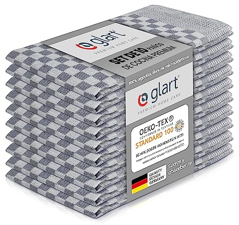 Glart 48SG 10er Set Küchentücher 50x70 cm aus 100% Baumwolle in grau, Oeko-TEX Standard 100 Zertifiziert, fusselfrei, waschbar, vorgewaschen für die Küche und Abwasch | 100% Baumwolle, OEKO-TEX Standard 100 zertifiziert, fusselfrei, waschbar, vorgewaschen, grau, für Küche und Abwasch