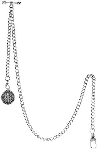 TREEWETO Chaîne de Montre de Poche Albert T-Bar, Montre de Poche Vintage avec Pendentif Jésus Antique, chaîne en métal avec 2 Crochets pour Gilet boutonnière, argenté pour Homme et Femme