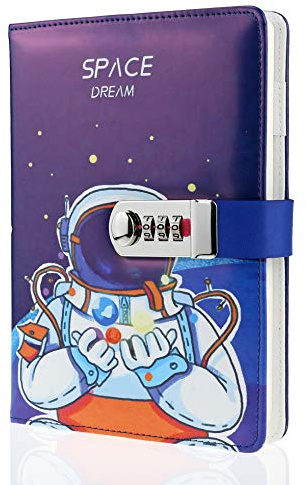 Mazeran Combination Lock Journal, PU Leather Hard Cover Space Astronaut Theme Notebook Cute Diary, A5 Lined Password Locking Personal Planner Secret Organizer Gift for Kids Teens