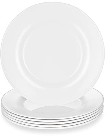 HSDT 10 Inch White Melamine Plates Wide Side Flat Bottom Deep Round Dinner Plates Salad and Dessert Plates Lightweight Durable and Easy to Clean,Non Ceramic Disc Pad Set of 6,PYW-10-06