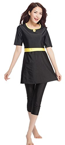 Swimwear Short-Sleeved Hakama for Ladies Split Swimsuit (Black, L)