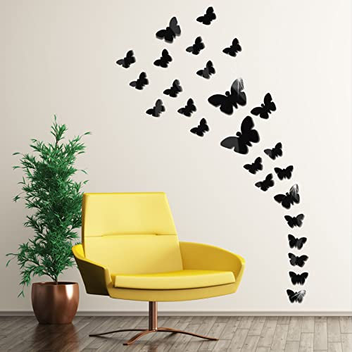 Adesivi Murali 3D Farfalle Specchio Tridimensionali - 25 Pezzi Acrilico Rimovibile Fai Dante Decorazione da Muro per Casa/Hotel/Salotto/Camera/Cucina (Nero)