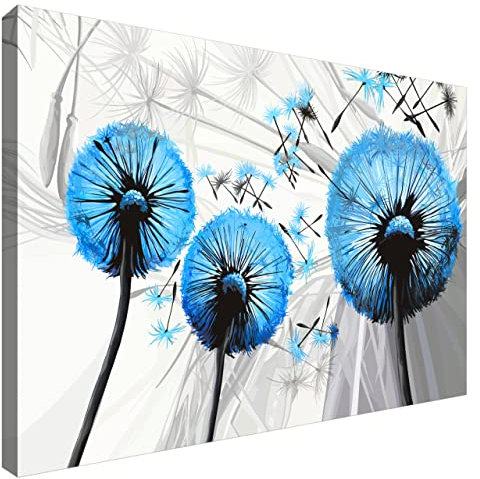 Estika Leinwand bilder - Pusteblume Blau - 60x40 cm, 1 teilige kunstdruck - Wandbilder wohnzimmer, schlafzimmer, Moderne wanddeko, Bild auf leinwand - Blumen bilder - 4027A_1E
