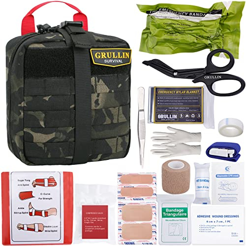 GRULLIN IFAK Trauma Kit, Tactical MOLLE Notfall Erste Hilfe Kit, Outdoor Militär Feld Dressing EMT Tasche für Abenteuer, Jagd, Camping, Wandern, Reisen und Unfall (Schwarz Camo)