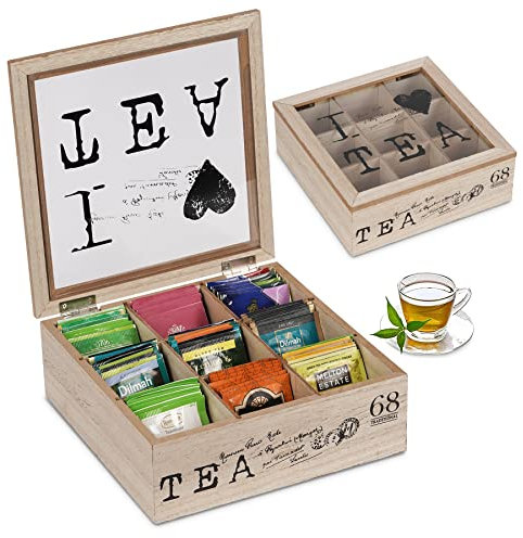 QILICZ Tea Box Tea Bag Organizer Tea Bag Holder Wooden Tea Caddy Tea Chest Tea Storage Box with Transparent Lid 9 Compartments for Tea Coffee Sugar