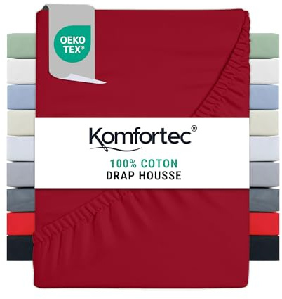 Komfortec Drap Housse Lit 180x200 cm - Jersey 100% Coton 135g/m² - Certifié Oeko-Tex - Bonnet 30 cm - Drap Lit avec Élastique pour Matelas Épais - Rouge