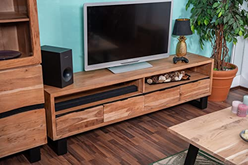 SAM Lowboard Kyoto, Akazienholz massiv & naturfarben, 190x45x57 cm | TV-Schrank mit 2 offenen Fächern & 4 Schubladen, Kufengestell Schwarz