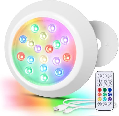 LyLmLe 15 cm Underwater LED Underwater Light for Above Ground Swimming Pools, RGBW IP68 Waterproof with Remote Control, Powered by USB-C Rechargeable, 18 LEDs Wood Pool Lamp