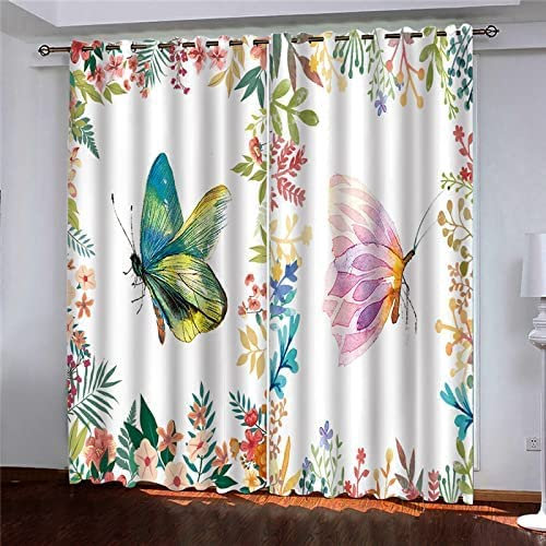 Vorhang Kinderzimmer Blumen Und Schmetterlinge Kinder Vorhänge Mit Ösen Polyester Gardinen Thermovorhang Blickdicht Ösenschal Kindergardinen Für Wohnzimmer Schlafzimmer, 220(B) X215(H) cm 2Er Set,
