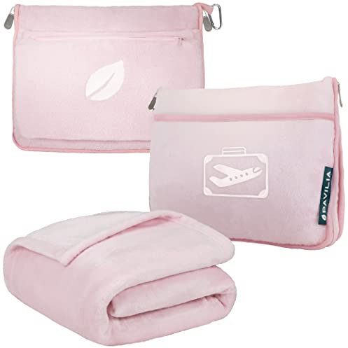 PAVILIA Reisedecke Kissen in weicher Tasche mit Taschen, Flugzeug Decke Set, Flugdecke Kompakt Packbar, Flight Essentials Auto Kissen, Reisezubehör Geschenke, Gepäckgurt, Hellrosa
