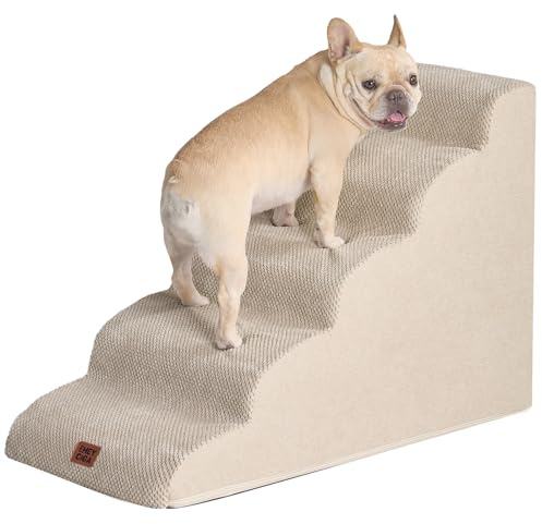 EHEYCIGA Escalier pour Chiens et Chats, Rampe pour Chien 5 Marches, Mousse Haute Densité, Surface Antidérapante, Housse Amovible et Lavable, pour Canapé et Lit, Beige