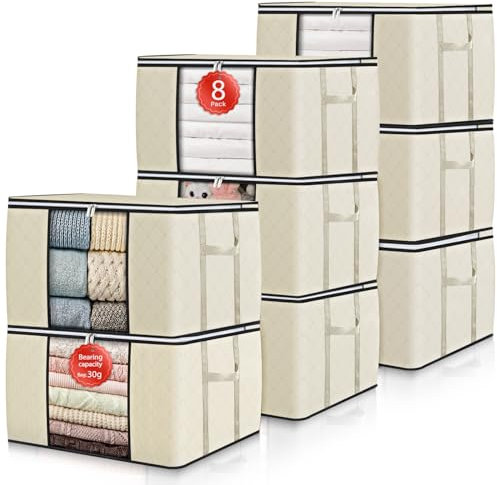 GoMaihe 90L Aufbewahrungstasche 8 Stück, Aufbewahrungsbox mit Deckel Groß Verstärkte Griffe, Kleidung Umzugskartons für Bettdecken, Unterbett Aufbewahrung Kleiderschrank Boxen Organizer Beige