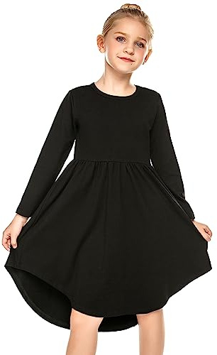 Parabler Abito da Bambina Abito T-Shirt Nero Abito A Maniche Lunghe per Bambini Abito Autunno Inverno Abito Festivo con Tasche Nero Taglia 14-15 Anni