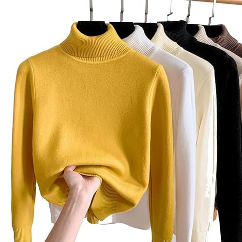 JOCCOS Gros pull en maille pour l'hiver, polaire, décontracté, épais col roulé, pull thermique doux, pull étroit, jaune, S