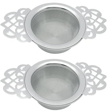 2Pcs Tea Strainer with Bowl, Stainless Steel Loose Tea Strainer, Tea Infuser, Lacy Double Handle Strainer, Mini Fine Mesh Sieve, Suit for Loose Tea Coffee Soy Milk Filtration