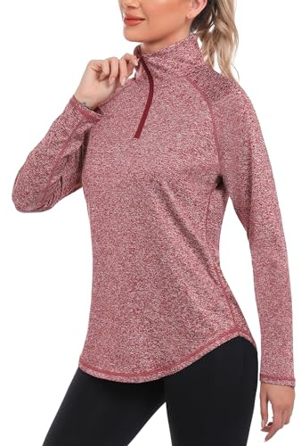 iClosam T-Shirt de Sport Femme Manche Longue 1/4 Zip Top Running Fitness Yoga Séchage Rapide Course à Pied Vin Rouge-L