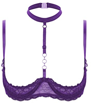 Nyeemya Mujer Sujetador Abierto Sexy Lencería Push Up Bralette Encaje Bikini Top con Aros sin Relleno Erótico Lace Bustier Halter Bra Ropa de Noche Morado M