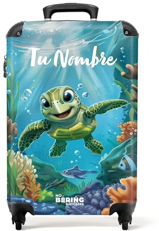 NoBoringSuitcases.com Kinderkoffer, Koffer Personalisiert, Kinderkoffer Mädchen, Koffer Kinder, Kinder Reisekoffer, Handgepäckkoffer, Rollkoffer, Handgepäck Trolley 55x40x20 cm (Schildkröte - Blau)