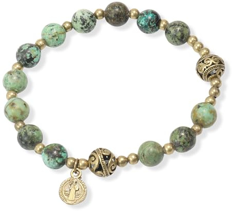 Nazareth Store Pulsera rosario de cuentas de piedra con separadores de metal y medalla católica, joyería de muñeca duradera y elegante, Flexible, Zinc, No es una piedra preciosa