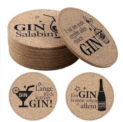 XIAONIU Untersetzer Gin Set 9 Stück Gin mit Ginsprüchen | 10cm Glasuntersetzer Kork Gin Untersetzer, für Ginfans Ginliebhaber und Gintrinker
