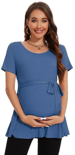 Smallshow Abbigliamento Premaman Tie Front Magliette e Top maternità Donna,Grey Blue,L
