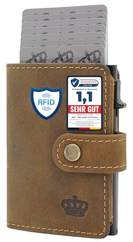 BAUR Slim Wallet mit Münzfach I Echtleder Kreditkartenetui für Herren I Aluminium Pop-Up Case mit RFID-Schutz I Smart Wallet I Kleine Geldbörse (Münzfach mit Druckknopf, Büffelleder Braun)