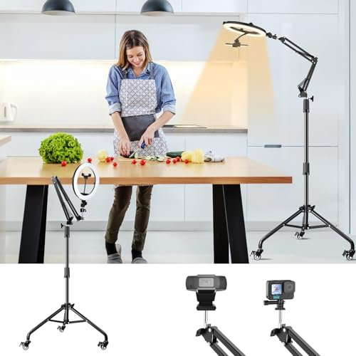 ZIKZOK Overhead Phone Tripod for Cooking Videos with Casters, Ring Light with Stand Overhead Phone Mount Holder, Selfie Light Phone Camera Stand for Video Recording, Streaming, Vlog, TikTok,YouTube