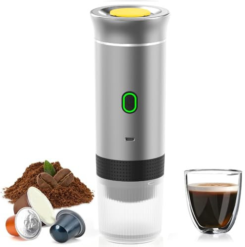 Liwankaqi Macchina per caffè espresso portatile, macchina per espresso elettrica, senza fili, 3 in 1, capsula in polvere per campeggio, viaggi (Argento)