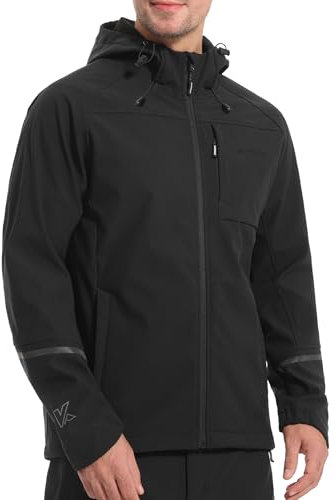 KUTOOK softshell chaqueta outdoor cortaviento de transición corriendo senderismo los hombres a prueba de viento invierno con 3 bolsillos capucha trekking senderismo corriendo negro L