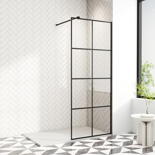 AQUARA 800 x 1900mm Walk-in Shower Glass Panel | 8mm Easy Clean Toughened Saftey Glass with Support Bar Black Grid Shower Enclosure
