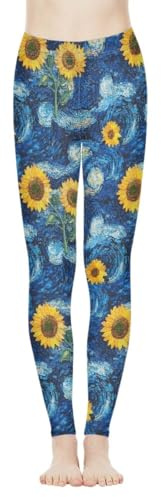 GLUDEAR Women's Paint Art Print Yoga Pants Tummy Control Workout Leggings Stretch Fitness Tights,Paint Galaxy Sunflower,M