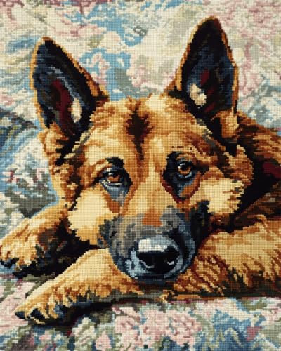 N.LANSHAN Teppich DIY Set Niedliches Knüpfhakenset Mit Hund，Deutscher Schäferhund，DIY Knüpfteppich，Heimteppich，Teppichherstellungssets Aus Canvas，Knüpfhakensets Für Anfänger 60x90cm
