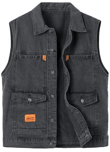 Yukirtiq Herr denim väst vintage ärmlös jeansjacka knapp motorcykel retro denim Gilet biker jeans väst, Svart, XXL