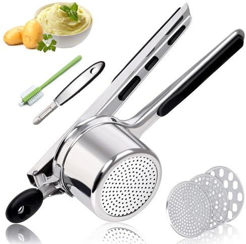 Schiacciapatate 15oz con pelapatate e spazzola, robusto schiacciapatate in acciaio inox con 3 dischi intercambiabili, grande schiacciapatate, utensile da cucina per purè di patate, macchina per pasta