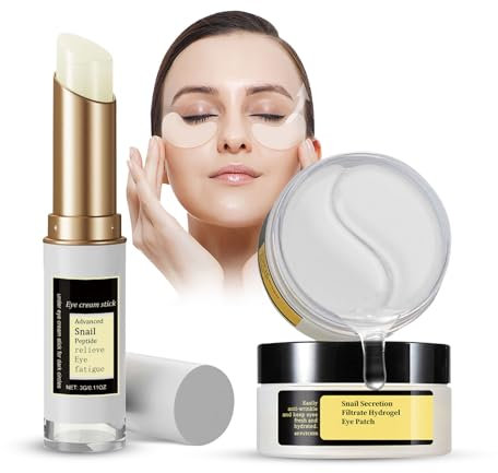 Schnecke Augenpads Gegen Augenringe, Snail Mucin Peptide Eye Cream Stick und Eye Pads, Hydrogel Augenmaske, Augencreme Tränensäcke-Entferner, Anti-Aging Kollagen Augenbalsam Stick, Glättet Falten