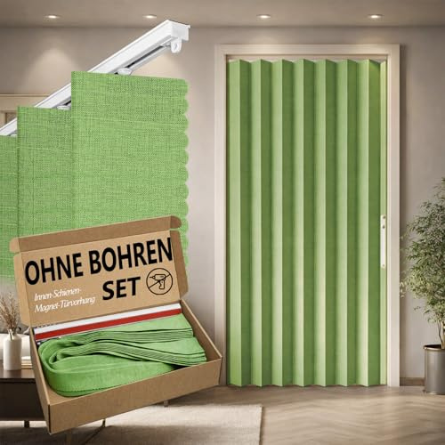 Jilron 100% Blickdichter Türvorhang – Faltbarer Akordion-Stil mit Magnetverschluss, Klebemontage ohne Bohren, inkl. Klebeschiene, Verdunkelung & Windschutz,Grün, H201 x B106 cm