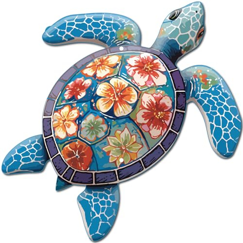 CREATCABIN Scultura Parete in Metallo A Forma Tartaruga Marina Tema Oceano in Ferro Colorato Blu Vita Spiaggia Animale Ornamento Appendere Veranda Soggiorno Casa Ufficio Giardino Balcone 30x30cm