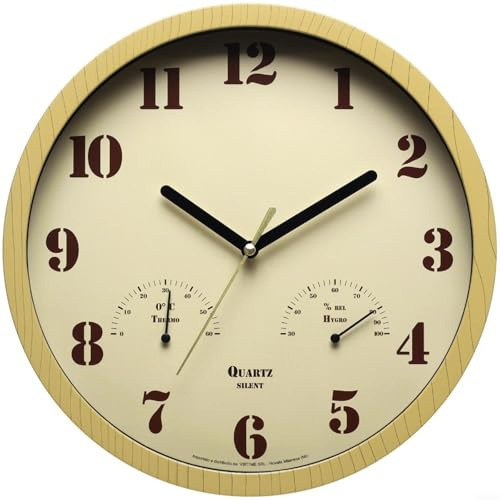 EXTRWORY Horloge murale d'extérieur étanche analogique avec thermomètre et hygromètre 24,5 x 24,5 cm Marron Style rustique moderne pour décoration de jardin, terrasse, cour (jaune)