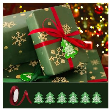 Papel de Regalo Navidad 6 Hojas de Papel Kraft Reciclado con Cinta y Etiquetas Set de Regalo Navideño Elegante para Mujeres Hombres Niñas y Niños