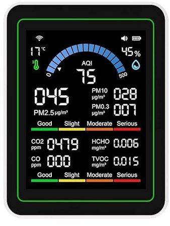 Gettimore para TUYA - Monitor de calidad del aire WiFi 10 en 1 con sensores de PM2.5, temperatura y humedad, pantalla de 2.8 pulgadas y recargable para uso en interiores, color negro