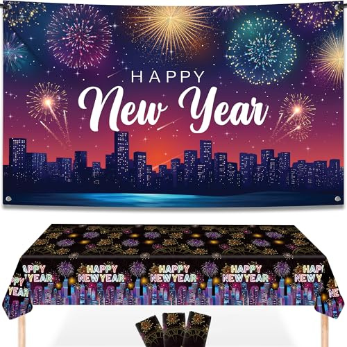 KatchOn, New Years Decorations 2026 Pack of 4 | Happy New Year Tablecloths Pack of 3 with Fireworks Happy New Year Banner | New Years Eve Party Supplies 2026