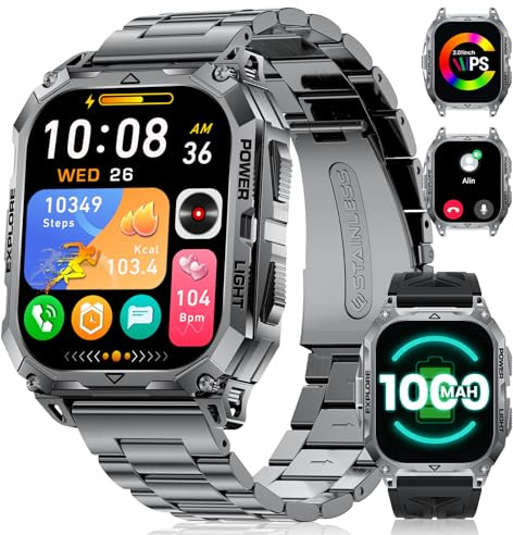 FITFLEX Militär Smartwatch Herren mit 1000 mAh,2,01 HD Großes Touchscreen Smartwatch mit Telefonfunktion/Herzfrequenz/SpO2/Schlafmonitor,IP68 Wasserdicht Fitnessuhr mit 120+Sportmodi für iOS Android