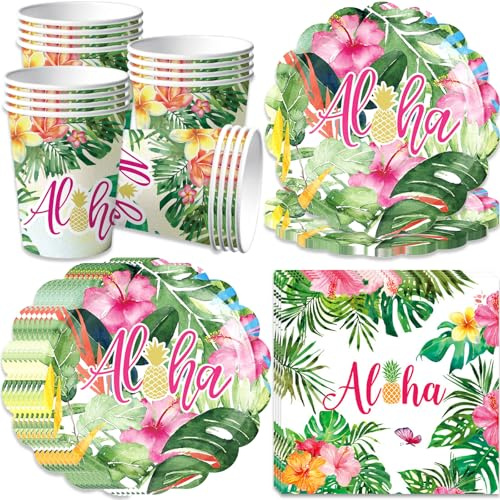 pekifaves Juego de vajilla para fiesta de cumpleaños Aloha, platos, vasos y servilletas de cartón hawaianos, para 16 invitados, hojas de palmera y guirnalda tropical, fiesta de verano