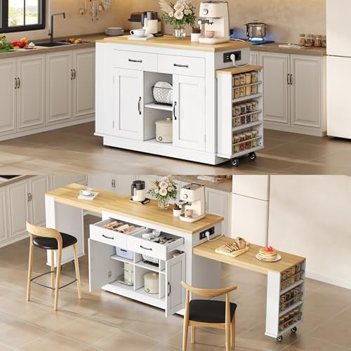 staronce Isola cucina allungabile indipendente 142 – 340 cm bianco – isola da cucina mobile con ruote e prese, armadio da cucina con piano di lavoro e spazio di archiviazione, tavolo da bar per