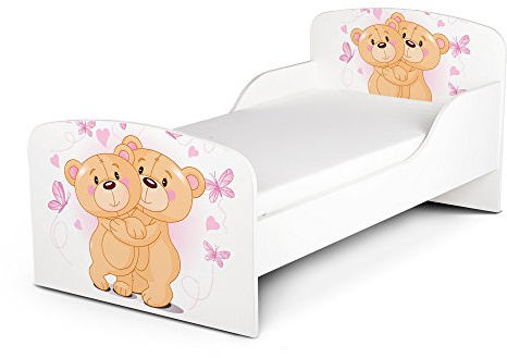 Leomark Barnsäng i trä med skummadrass ||140 x 70 cm|| Vit säng, Tema: Mina nallar, Juniorsäng med Ribbotten, enkelsäng, sängram, sovrum, barnrum, UV - tryck, komplett set